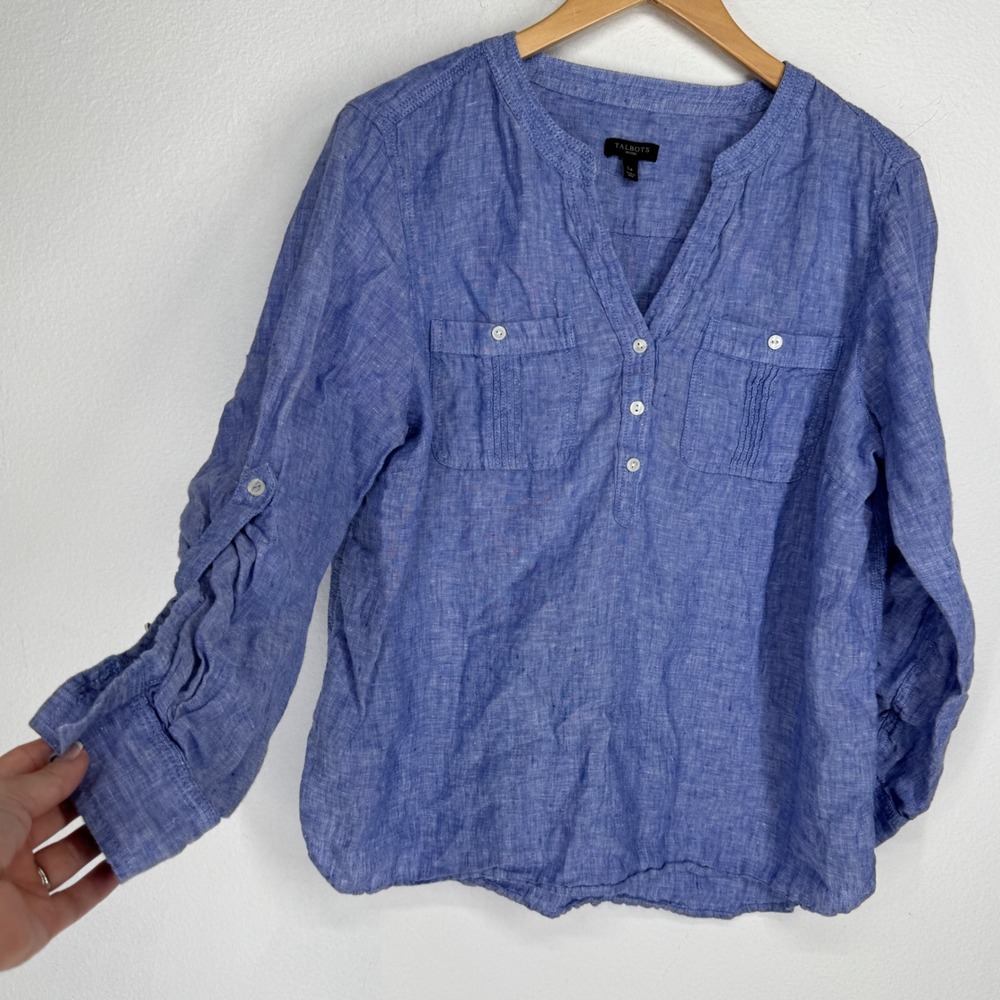 Talbots Blue 100% Linen Roll Tab Sleeve Henley Tunic Top Popover Size LP Coastal